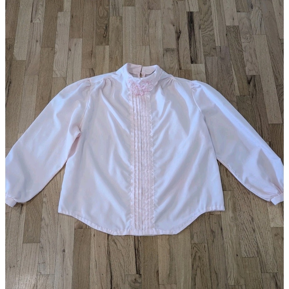 Vintage 80s Claudia Pink Tuxedo Blouse L / XL Pintuck Pleated High Neck Made USA